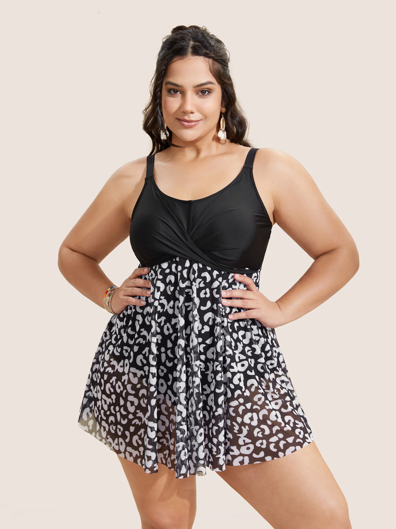 Leopard Print Patchwork Heart Neckline Swim Dress Leopard Print Patchwork Heart Neckline Swim Dress
