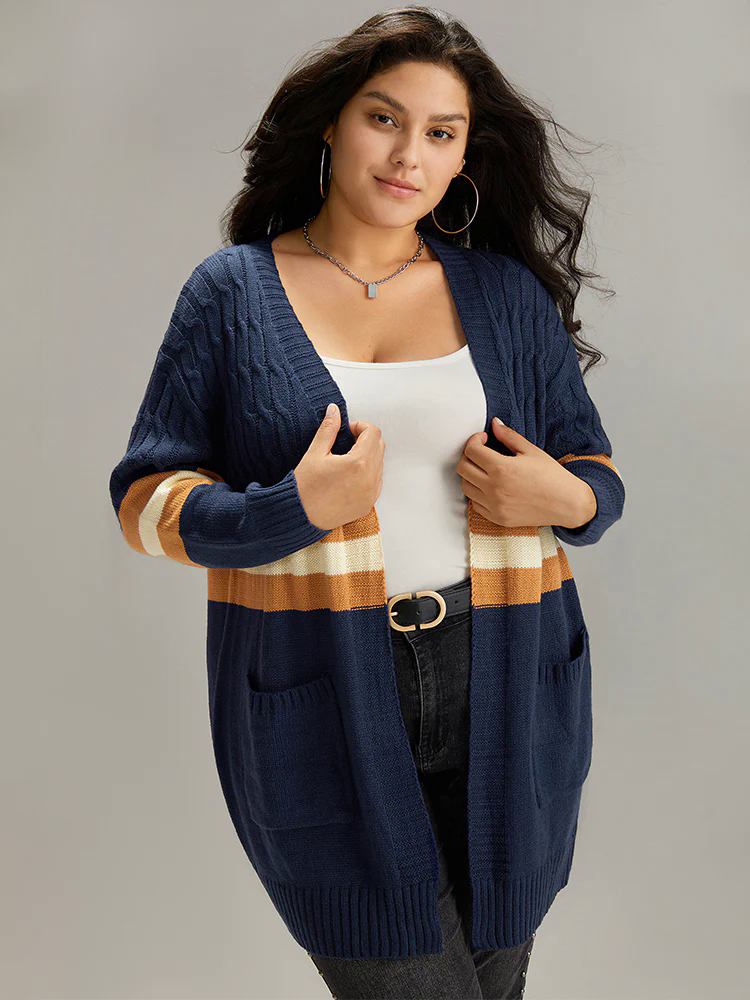 Cable Knit Colorblock Contrast Open Front Cardigan Cable Knit Colorblock Contrast Open Front Cardigan