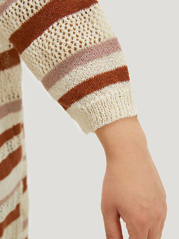 Striped Hollow Out Open Front Split Hem Cardigan Striped Hollow Out Open Front Split Hem Cardigan