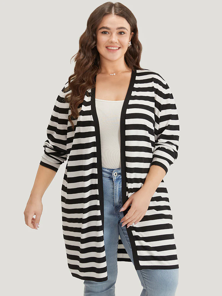 Striped Open Front Drop Shoulder Tunic Cardigan Striped Open Front Drop Shoulder Tunic Cardigan