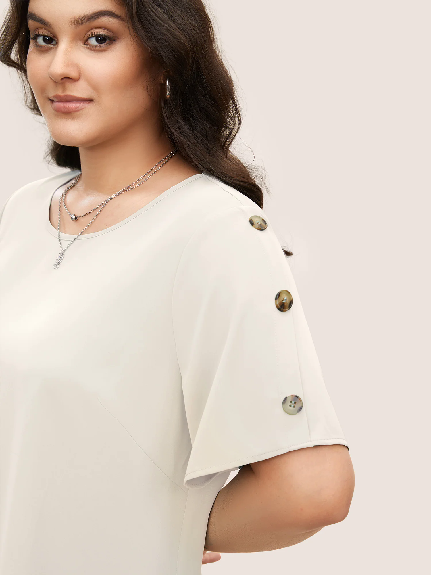 Plain Round Neck Button Detail Blouse Plain Round Neck Button Detail Blouse