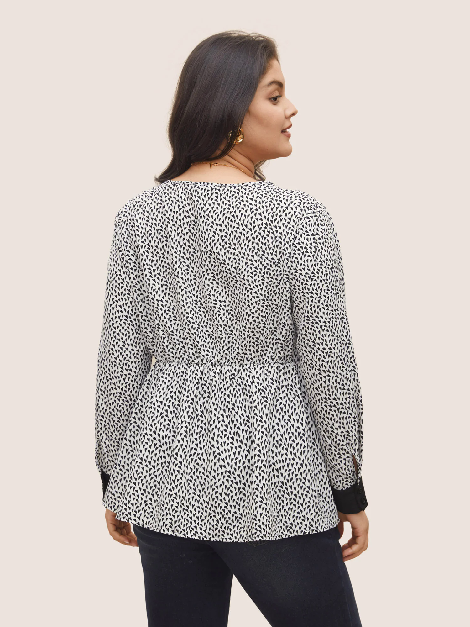 Heart Print Bowknot Elastic Waist Blouse Heart Print Bowknot Elastic Waist Blouse