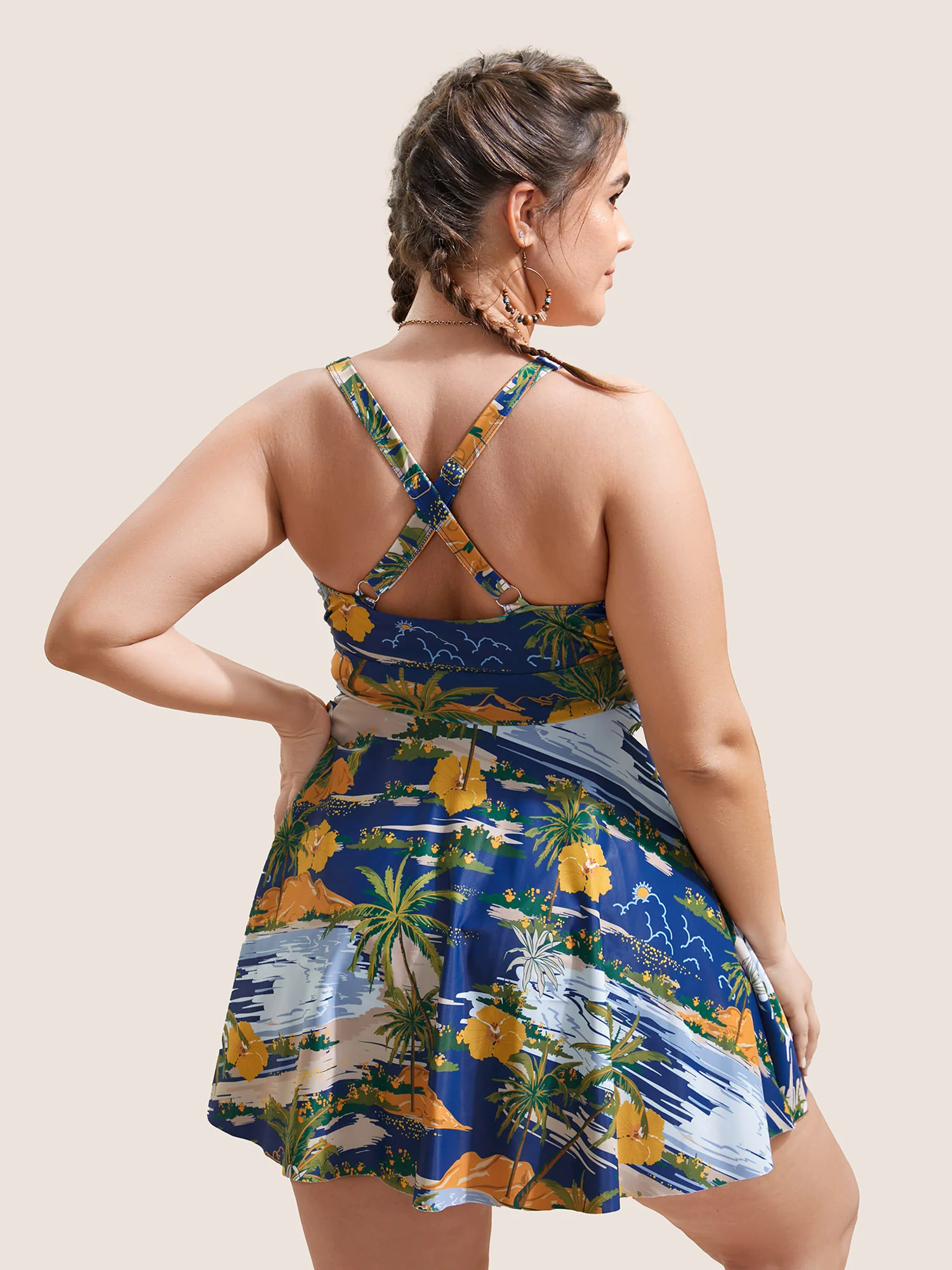 Tropical Print Crisscross Cut Out Swim Dress Tropical Print Crisscross Cut Out Swim Dress