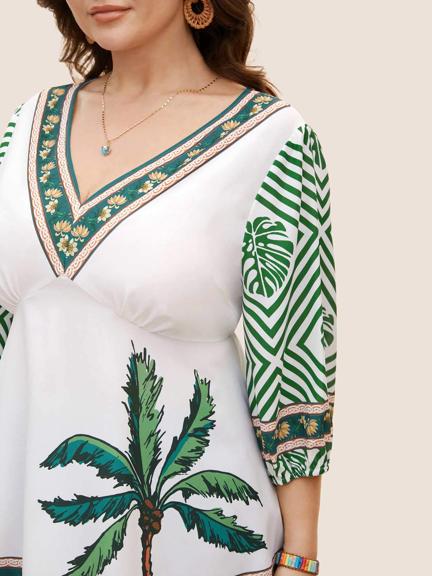 Boho Coconut Tree Print Lantern Sleeve Blouse Boho Coconut Tree Print Lantern Sleeve Blouse