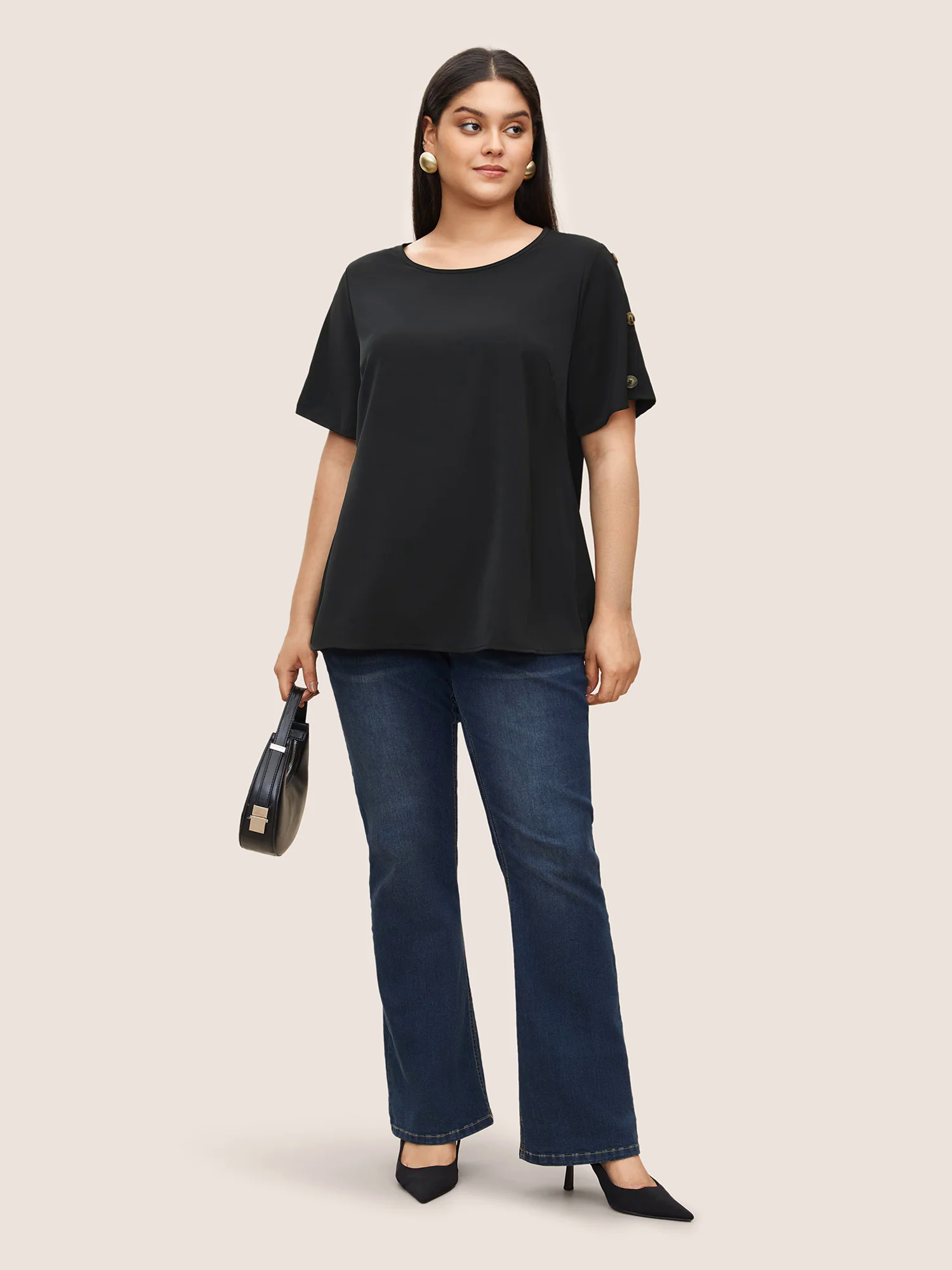 Plain Round Neck Button Detail Blouse Plain Round Neck Button Detail Blouse