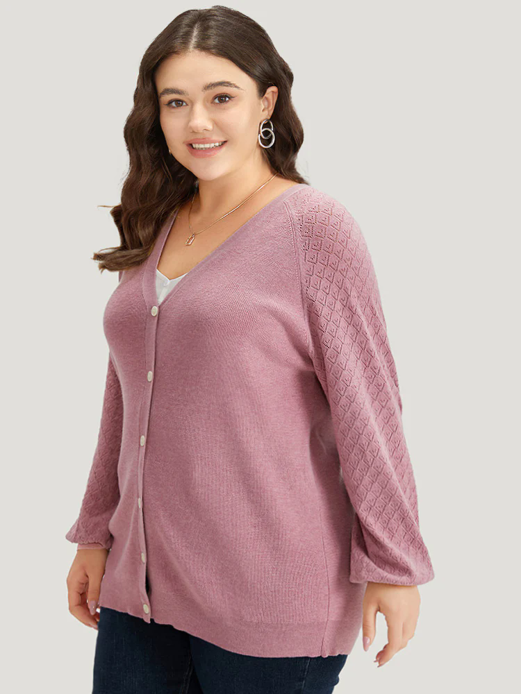 Plain Raglan Sleeve Eyelet Button Fly Cardigan Plain Raglan Sleeve Eyelet Button Fly Cardigan