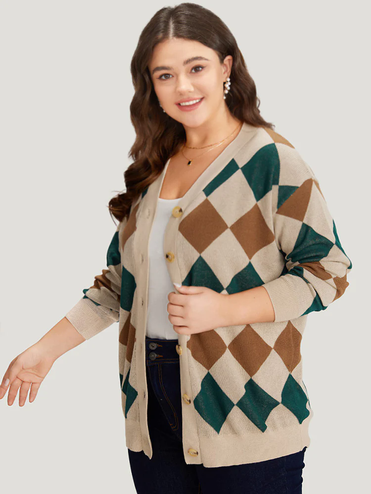 Argyle Plaid Contrast Button Up Cardigan Argyle Plaid Contrast Button Up Cardigan