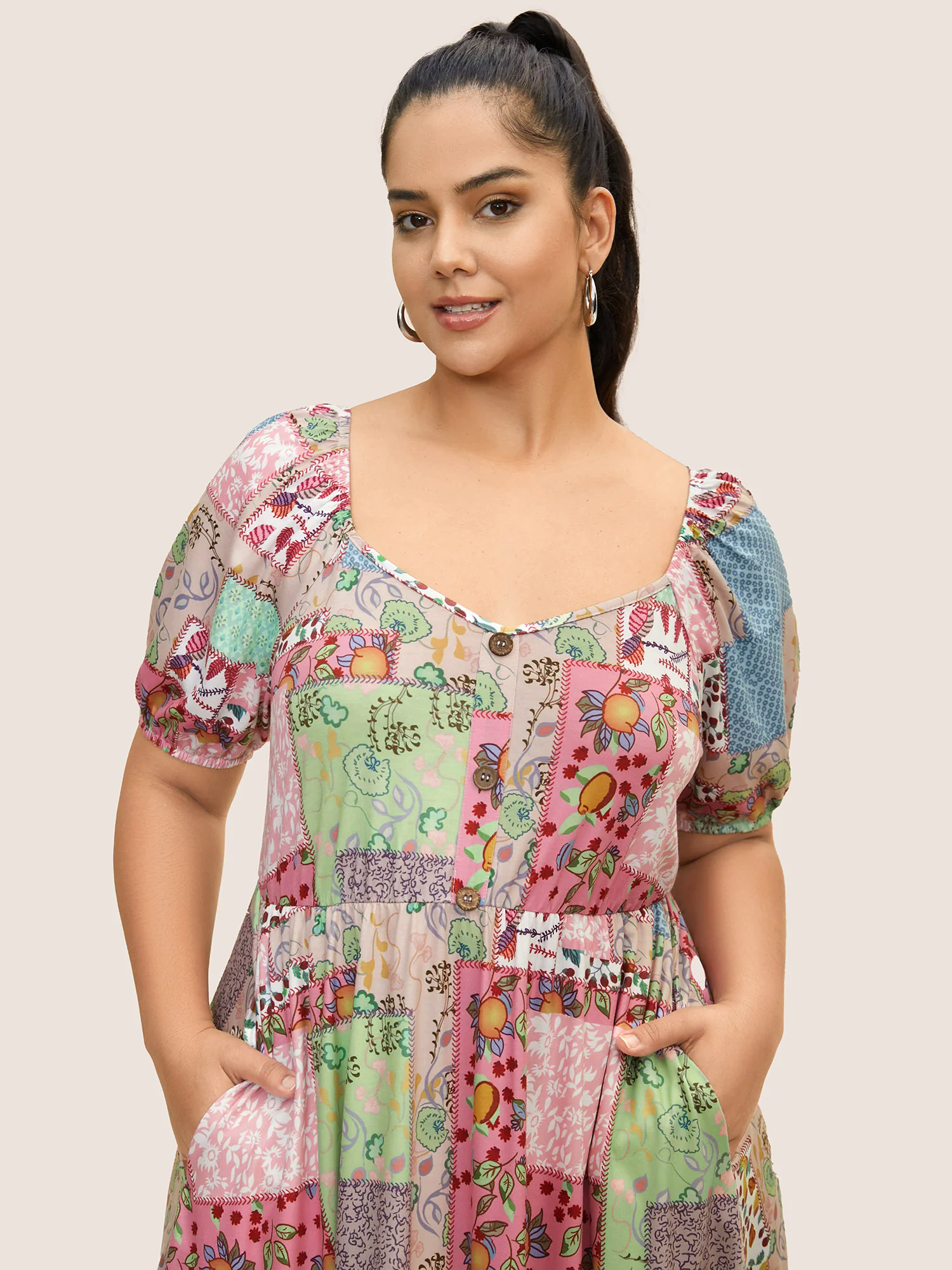 Patchwork Boho Print Raglan Sleeve Midi Dress Patchwork Boho Print Raglan Sleeve Midi Dress