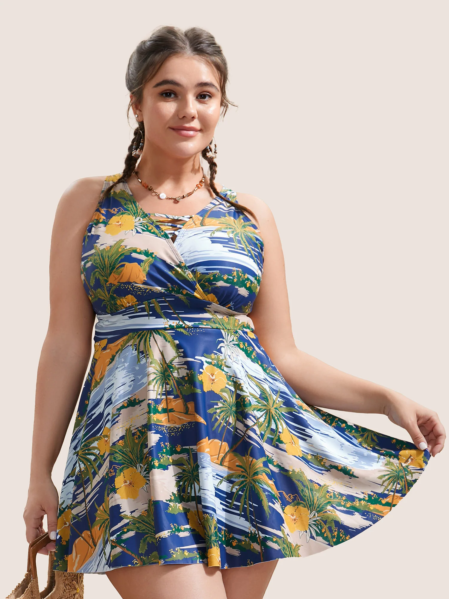 Tropical Print Crisscross Cut Out Swim Dress Tropical Print Crisscross Cut Out Swim Dress