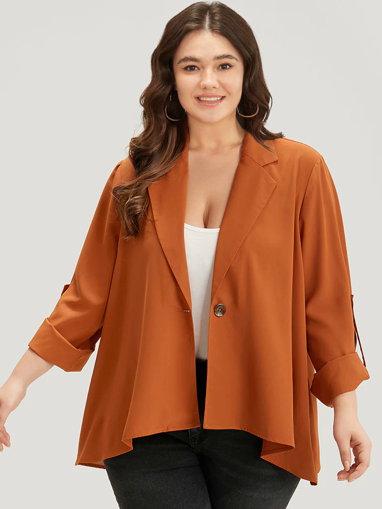 Plain Button Up Tab Sleeve High Low Hem Blazer Plain Button Up Tab Sleeve High Low Hem Blazer