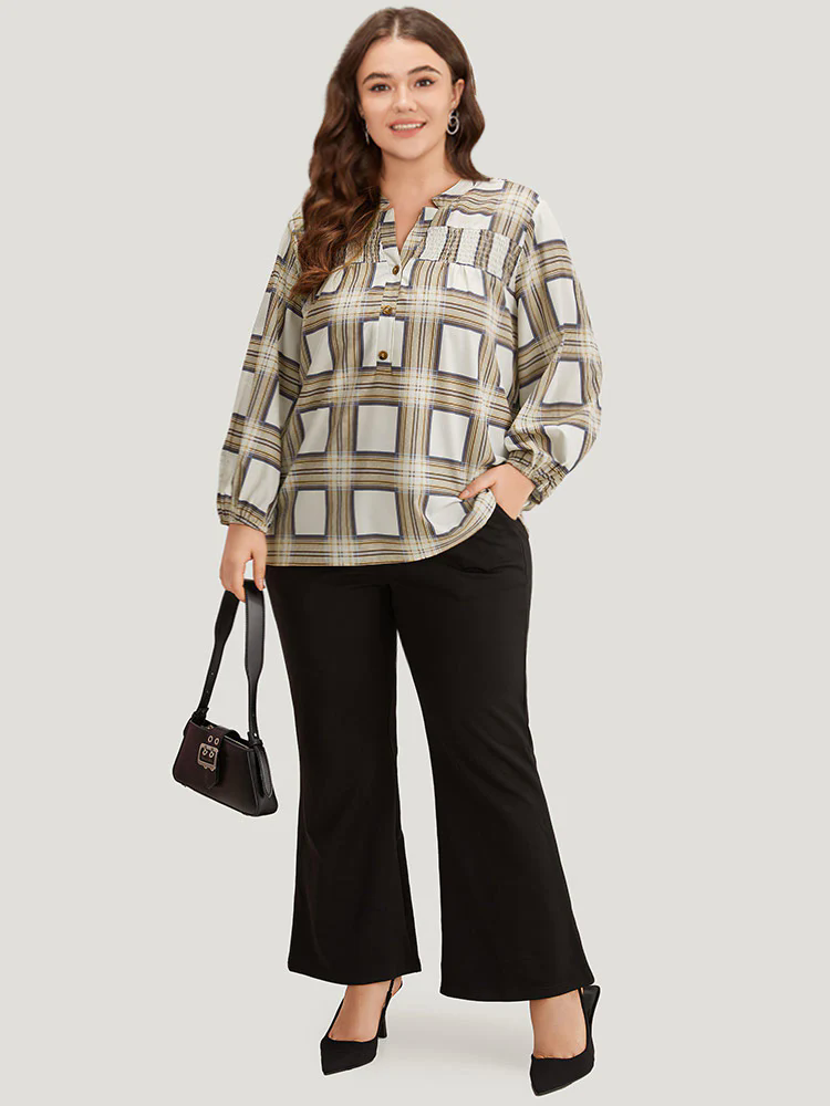 Plaid Shirred Notched Button Up Blouse Plaid Shirred Notched Button Up Blouse