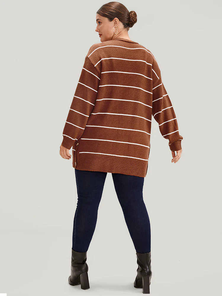 Striped Pointelle Knit Button Side Pocket Open Front Cardigan Striped Pointelle Knit Button Side Pocket Open Front Cardigan
