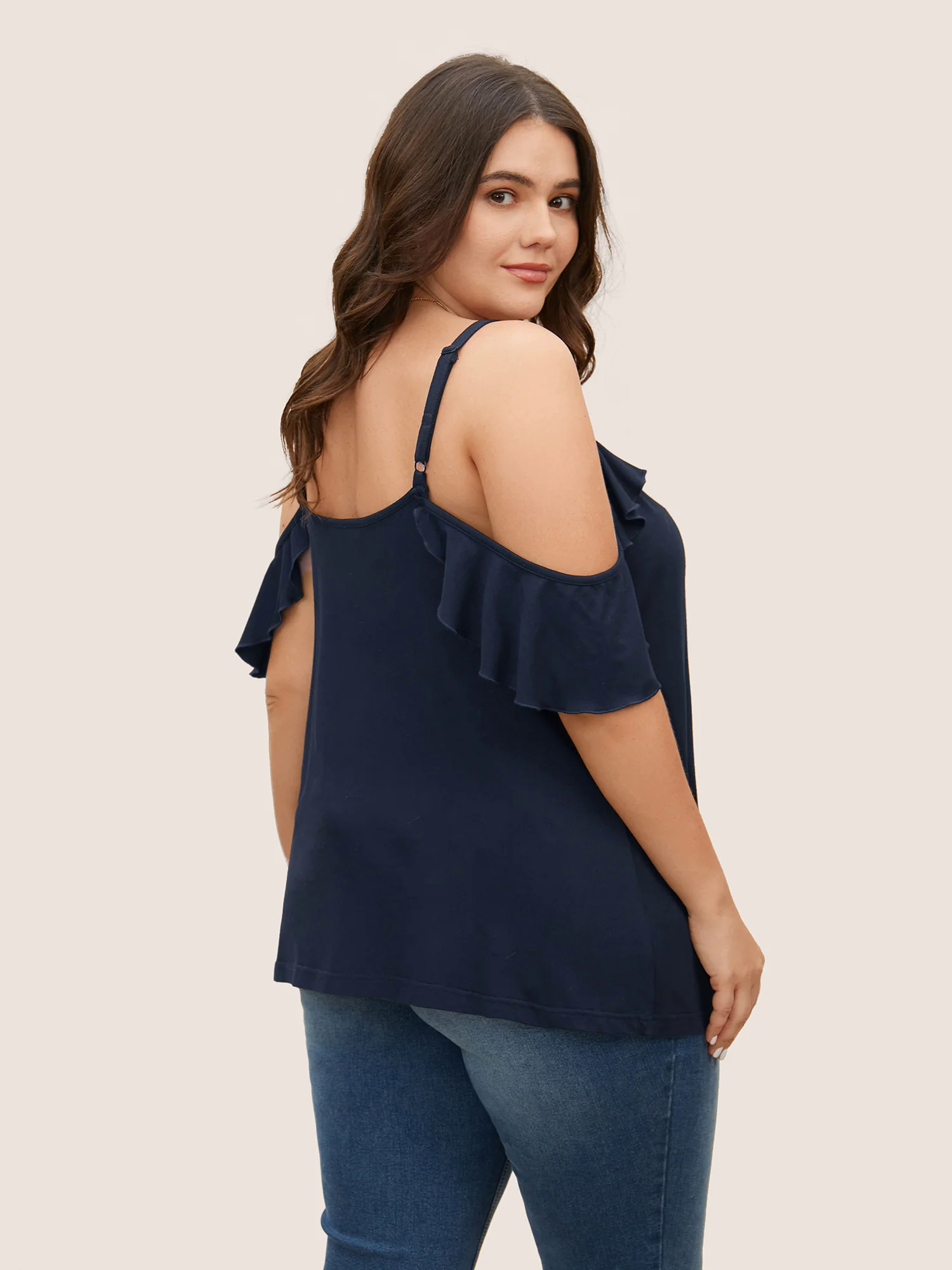 Plain Cold Shoulder Ruffle Trim T-shirt Plain Cold Shoulder Ruffle Trim T-shirt