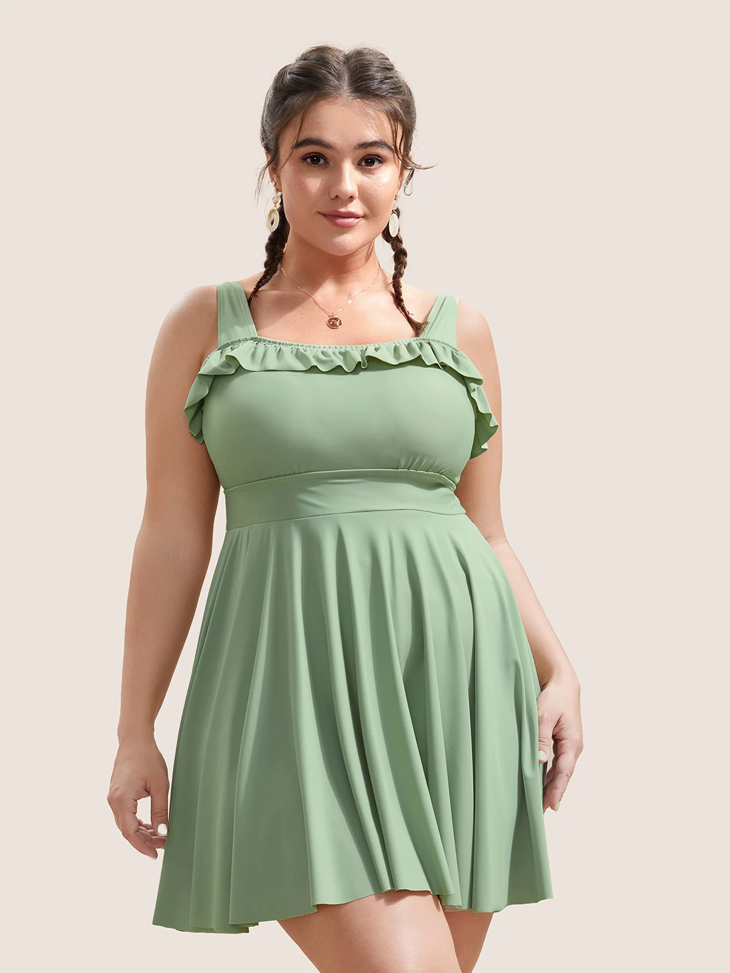 Solid Ruffles Gathered Adjustable Straps Swim Dress Solid Ruffles Gathered Adjustable Straps Swim Dress