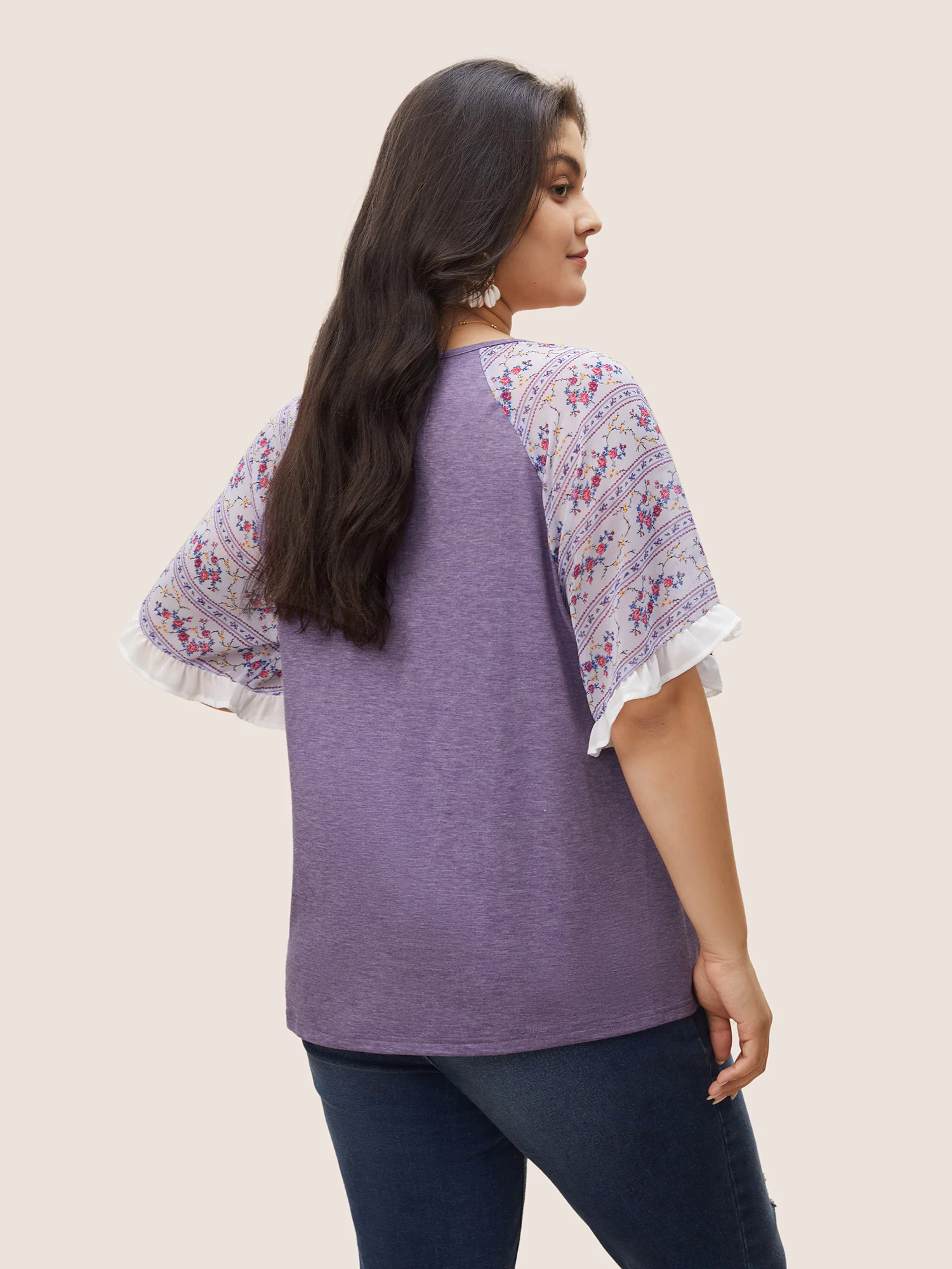 Ditsy Floral Patchwork Frill Trim Raglan Sleeve T-shirt Ditsy Floral Patchwork Frill Trim Raglan Sleeve T-shirt