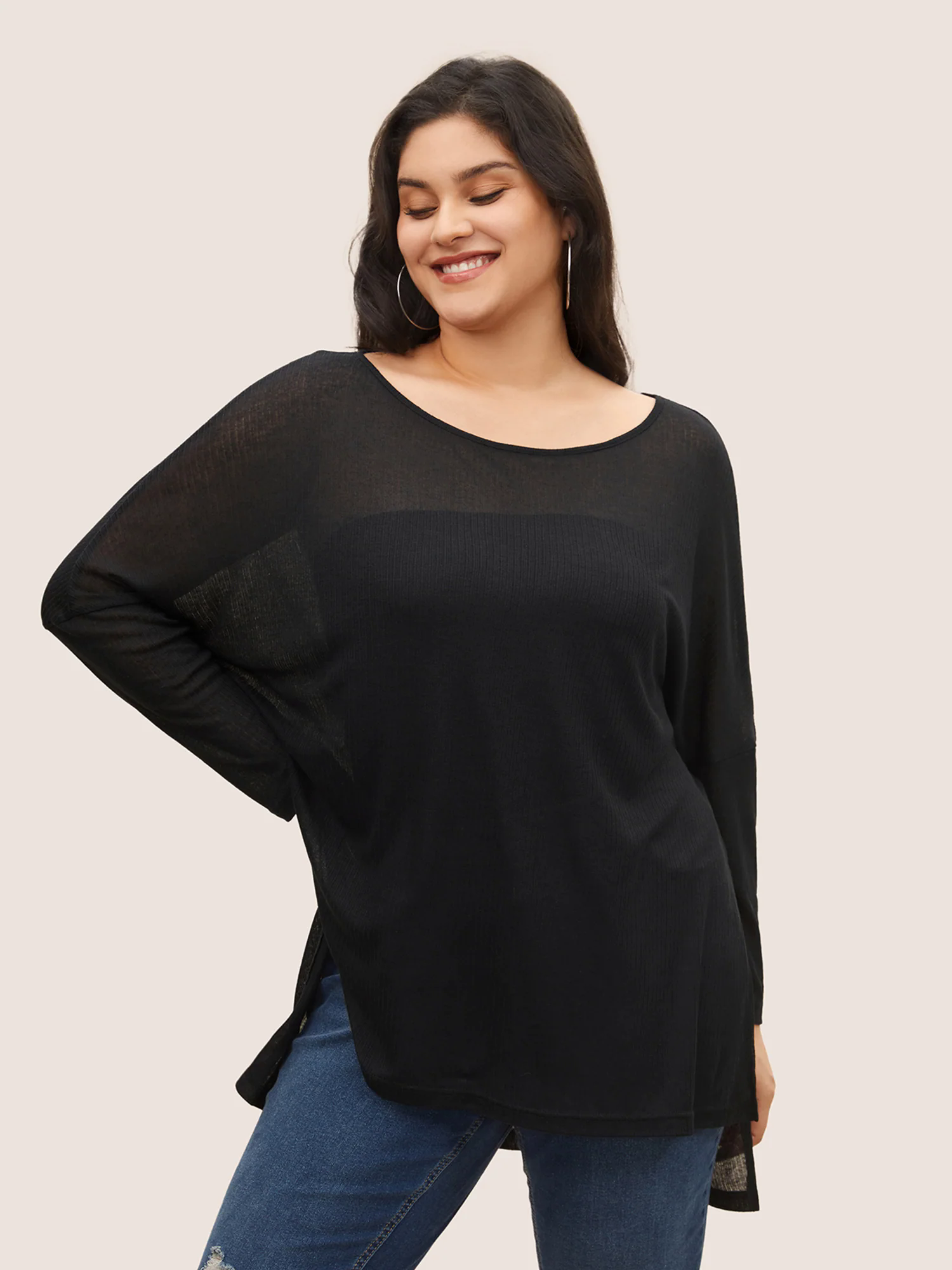 Plain Mesh Split Side Long Sleeve T-shirt Plain Mesh Split Side Long Sleeve T-shirt