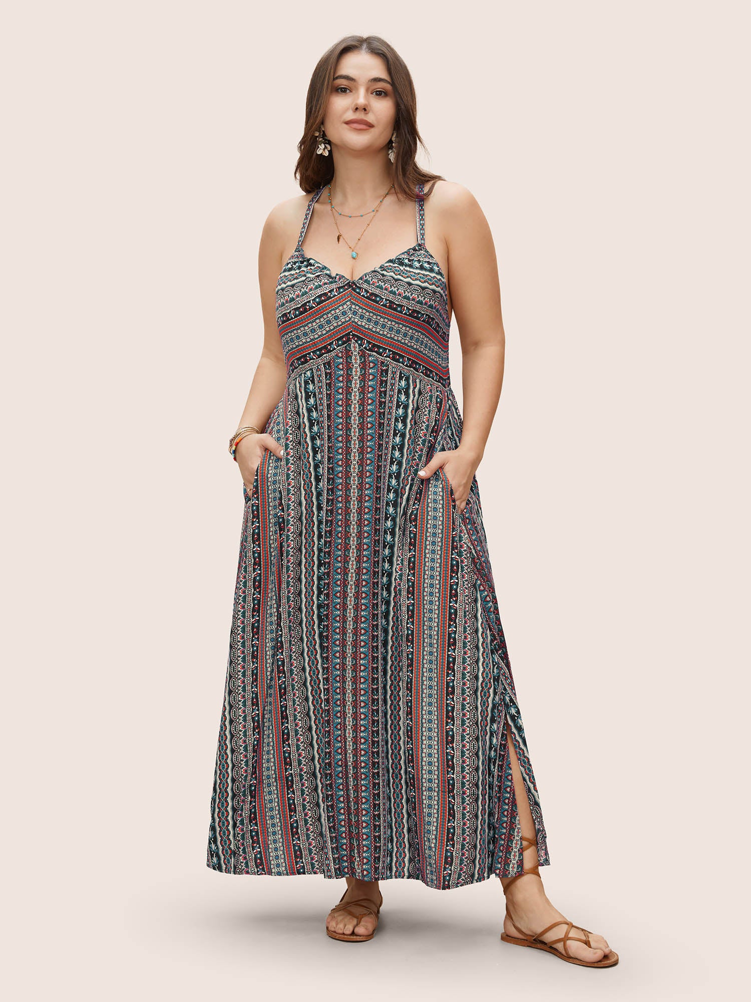 Boho Print Elastic Waist Split Hem Cami Dress Boho Print Elastic Waist Split Hem Cami Dress