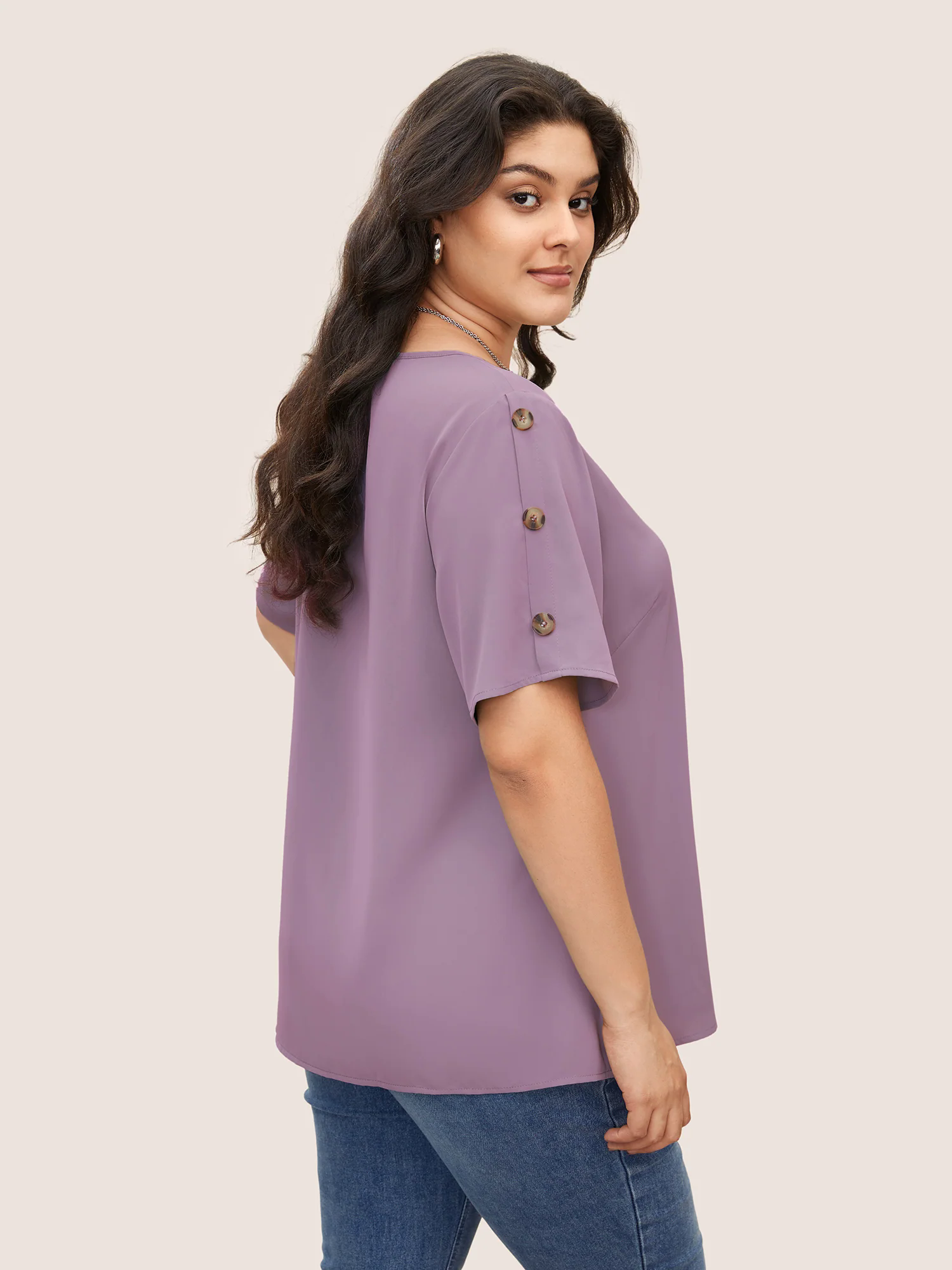 Plain Round Neck Button Detail Blouse Plain Round Neck Button Detail Blouse