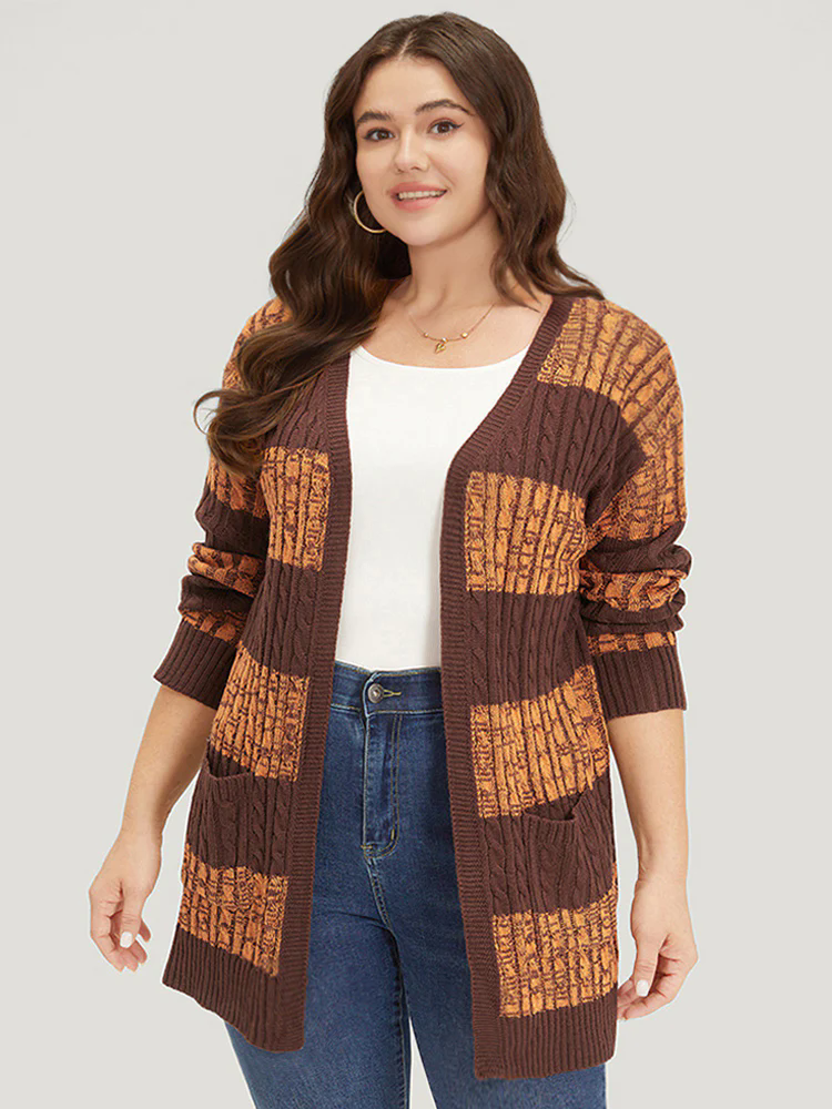 Halloween Colorblock Cable Knit Patched Pocket Cardigan Halloween Colorblock Cable Knit Patched Pocket Cardigan
