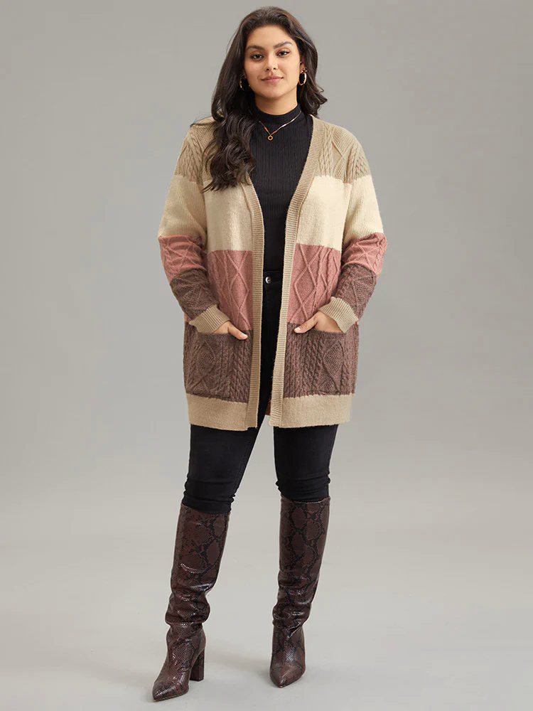 Anti-Pilling Cable Knit Colorblock Patched Pocket Cardigan Anti-Pilling Cable Knit Colorblock Patched Pocket Cardigan