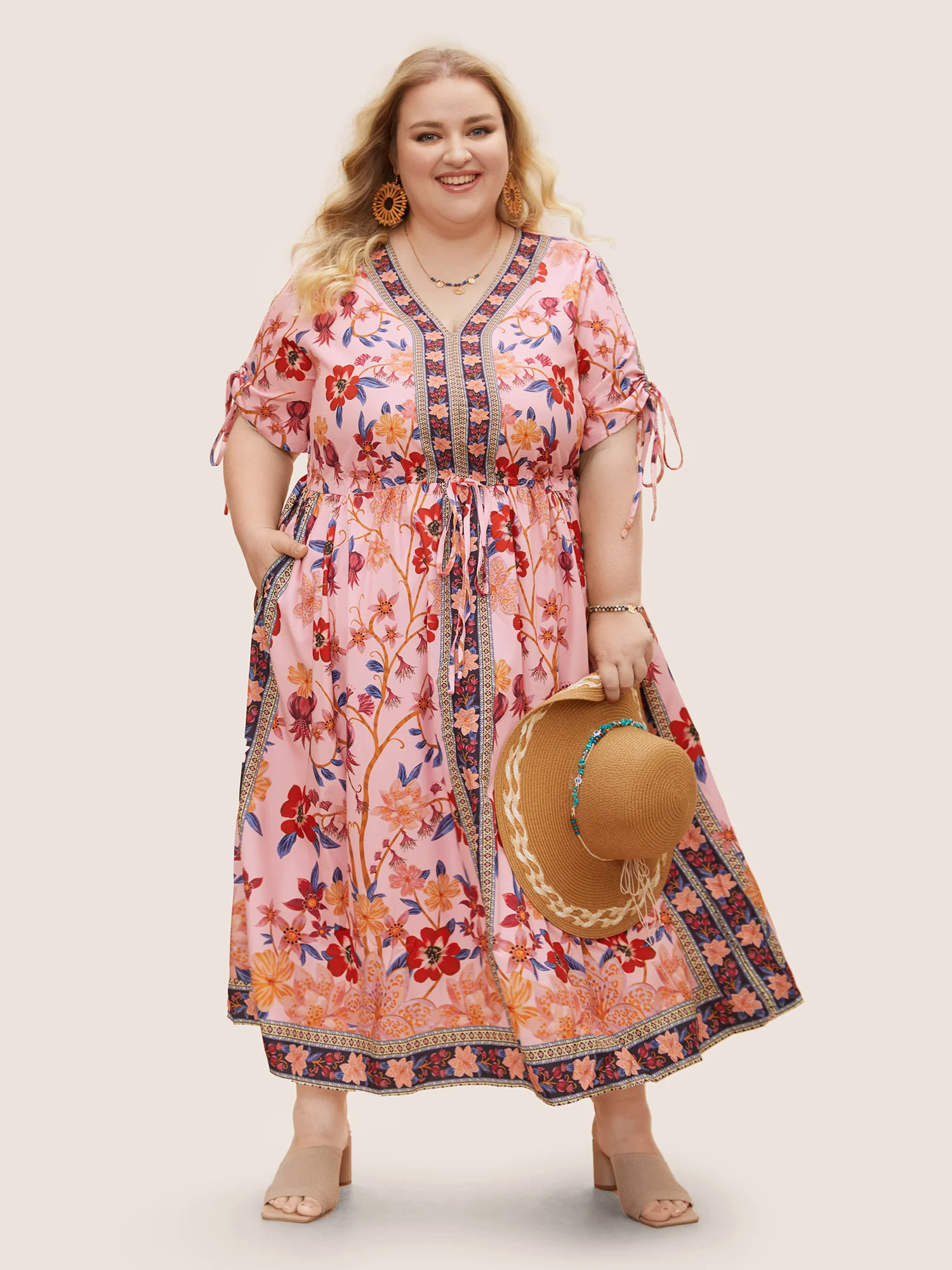 Boho Print V Neck Drawstring Dress Boho Print V Neck Drawstring Dress
