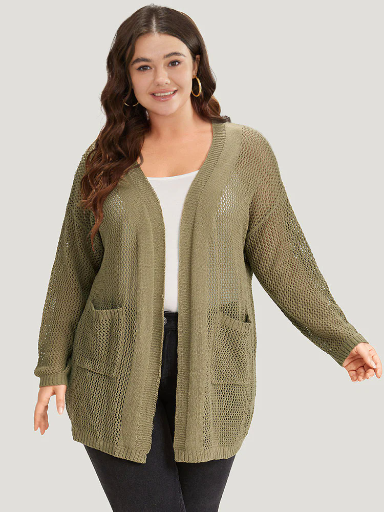Solid Patched Pocket Open Front Patchwork Cardigan Solid Patched Pocket Open Front Patchwork Cardigan