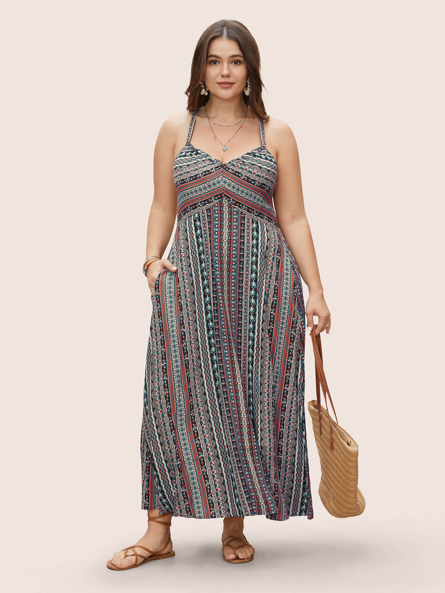 Boho Print Elastic Waist Split Hem Cami Dress Boho Print Elastic Waist Split Hem Cami Dress