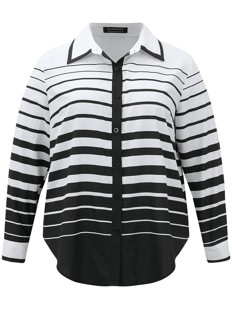 Striped Button Through Curved Hem Blouse Striped Button Through Curved Hem Blouse