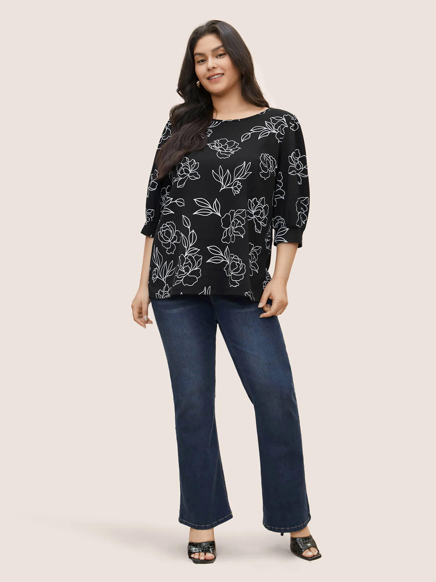 Floral Print Crew Neck Lantern Sleeve T-shirt Floral Print Crew Neck Lantern Sleeve T-shirt