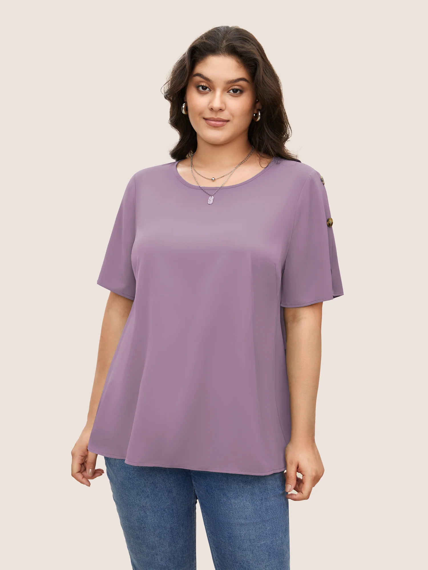 Plain Round Neck Button Detail Blouse Plain Round Neck Button Detail Blouse
