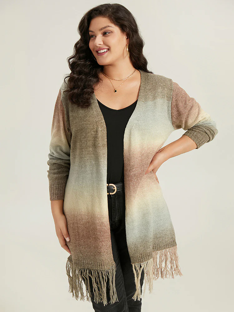Ombre Fringe Trim Open Front Cardigan Ombre Fringe Trim Open Front Cardigan