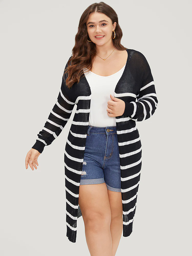 Striped Open Front Elastic Cuffs Drop Shoulder Cardigan Striped Open Front Elastic Cuffs Drop Shoulder Cardigan
