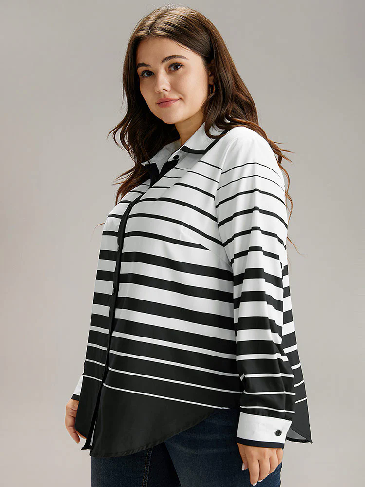 Striped Button Through Curved Hem Blouse Striped Button Through Curved Hem Blouse