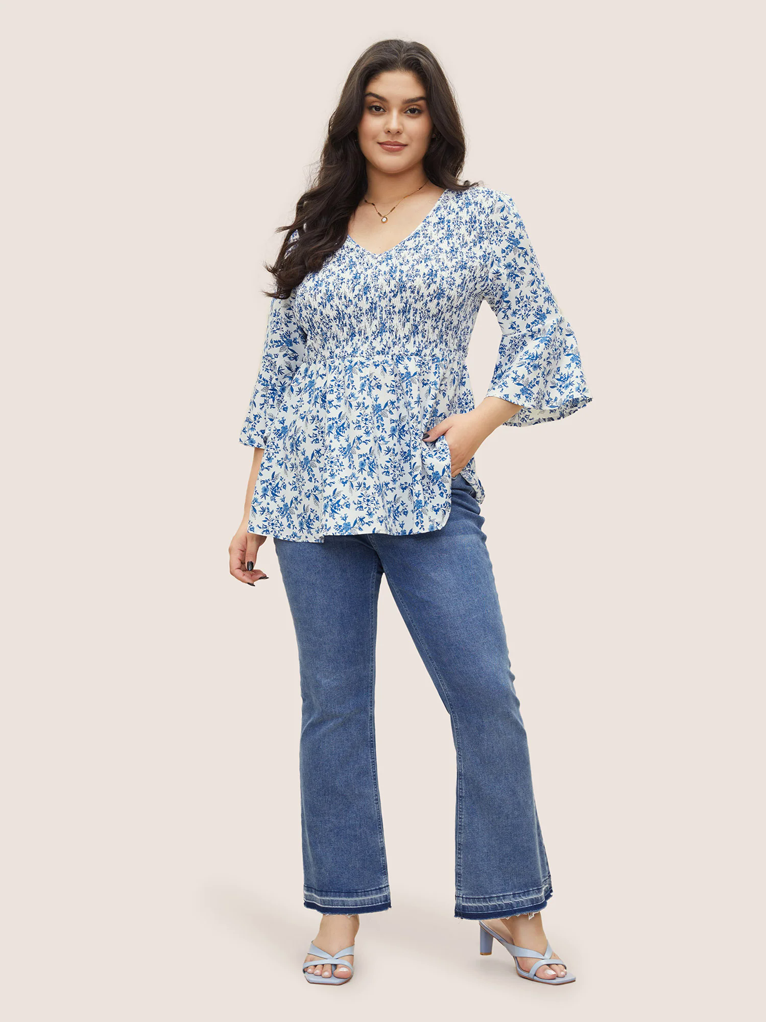 Ditsy Floral Shirred Ruffle Sleeve Blouse Ditsy Floral Shirred Ruffle Sleeve Blouse