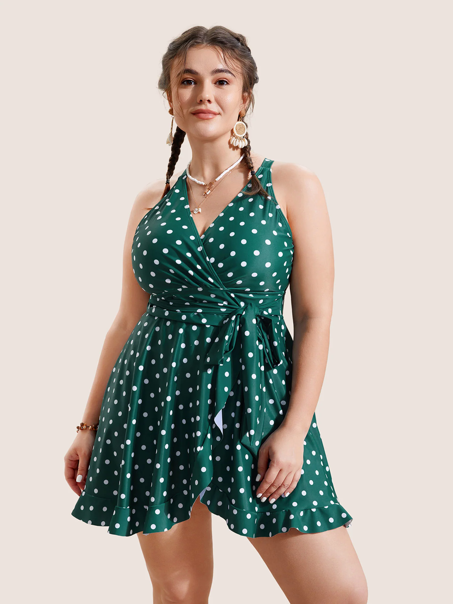 Overlap Collar Polka Dot Tie Knot Ruffles Swim Dress Overlap Collar Polka Dot Tie Knot Ruffles Swim Dress