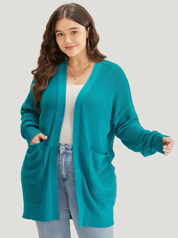 Solid Open Front Patched Pocket Cardigan Solid Open Front Patched Pocket Cardigan