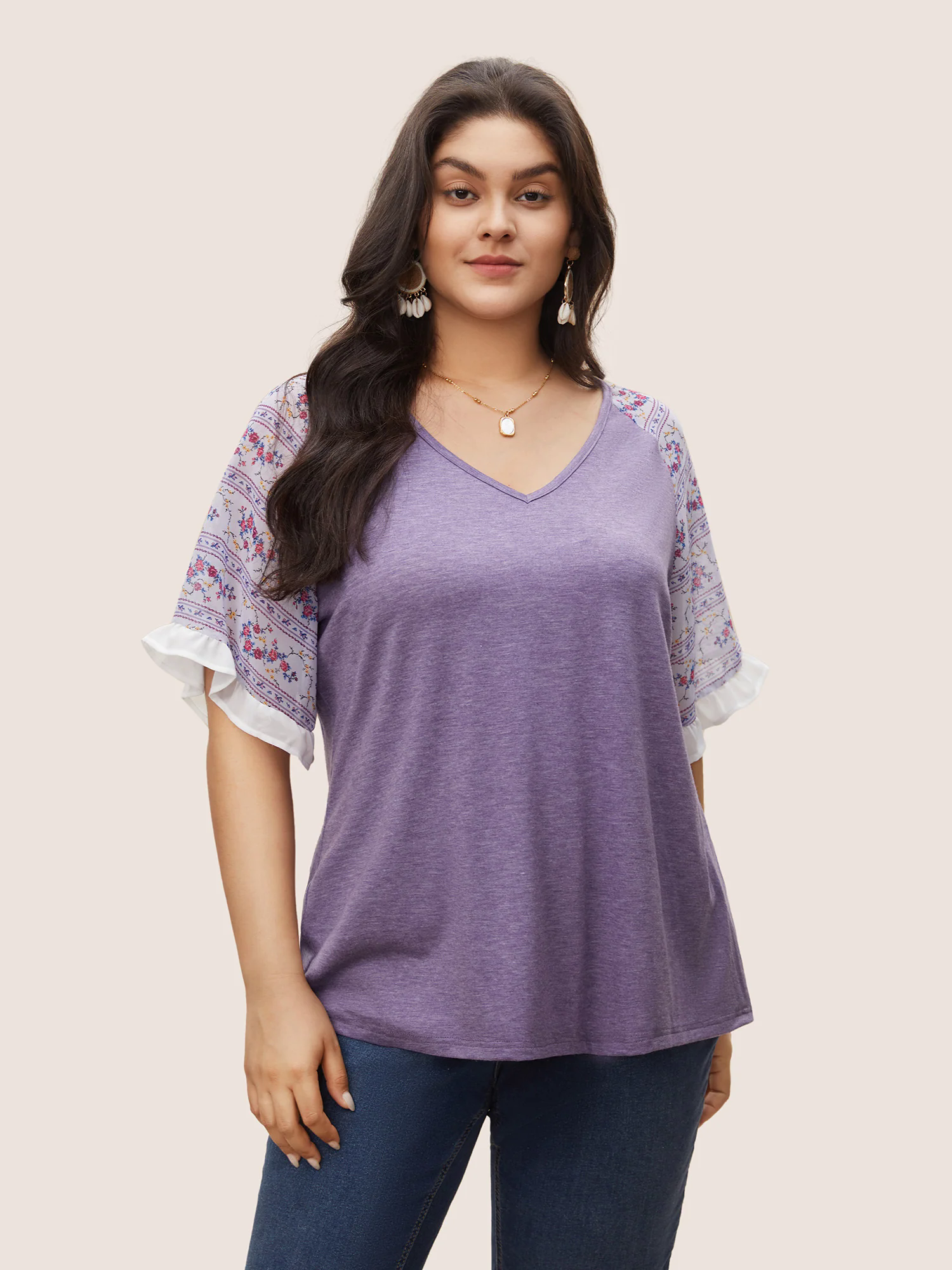 Ditsy Floral Patchwork Frill Trim Raglan Sleeve T-shirt Ditsy Floral Patchwork Frill Trim Raglan Sleeve T-shirt