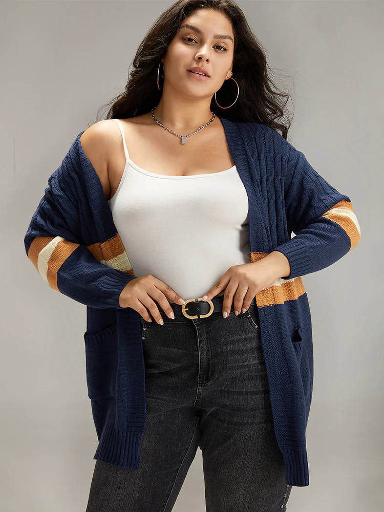 Cable Knit Colorblock Contrast Open Front Cardigan Cable Knit Colorblock Contrast Open Front Cardigan