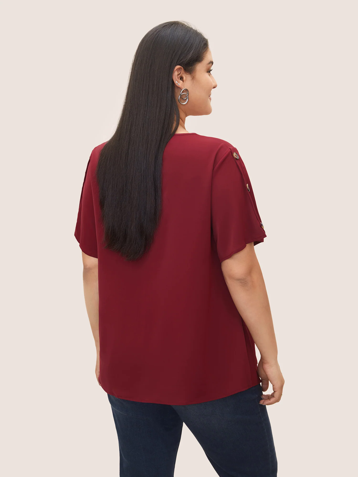 Plain Round Neck Button Detail Blouse Plain Round Neck Button Detail Blouse
