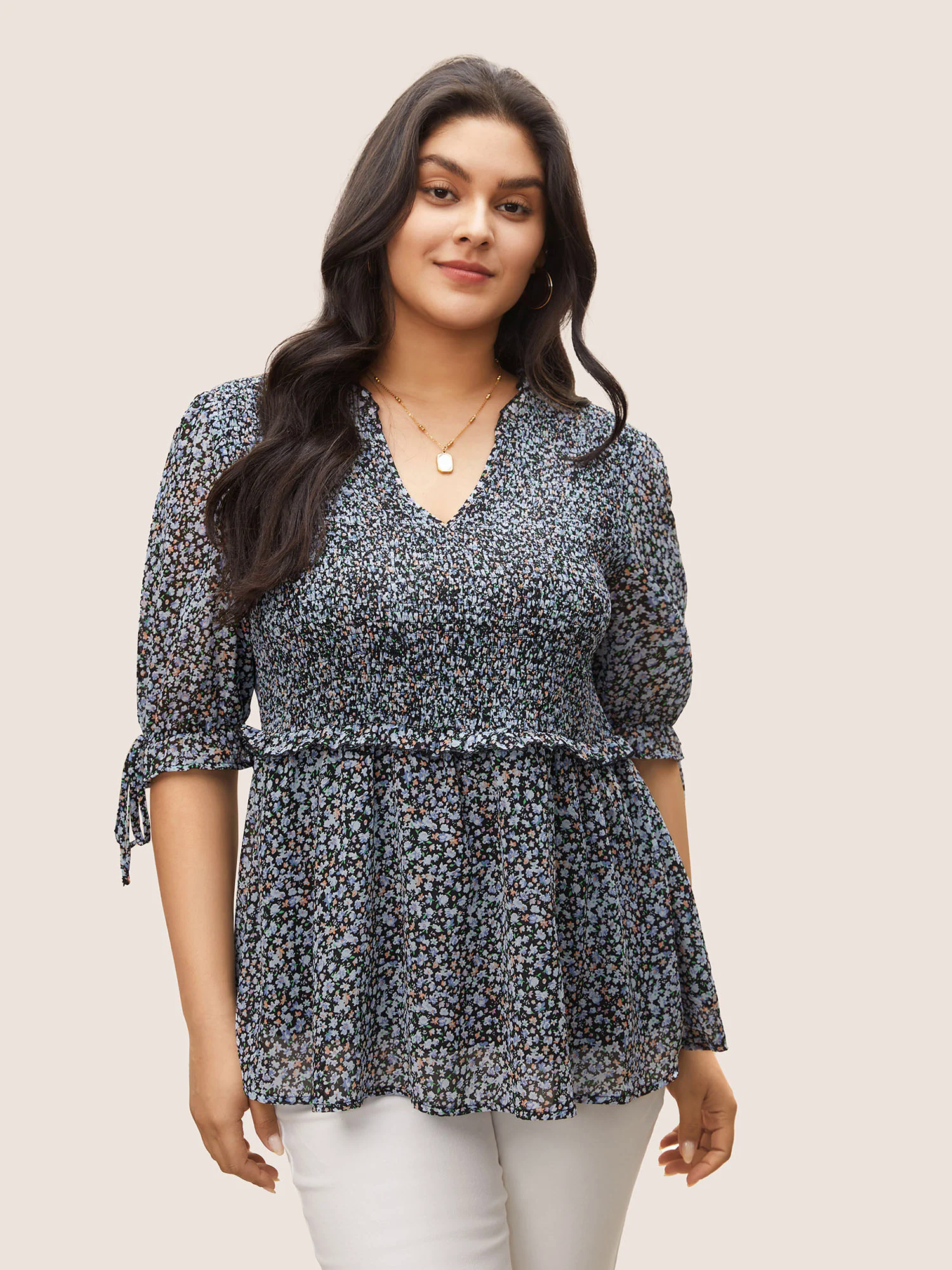 Chiffon Ditsy Floral Ruffles Shirred Ties Blouse Chiffon Ditsy Floral Ruffles Shirred Ties Blouse
