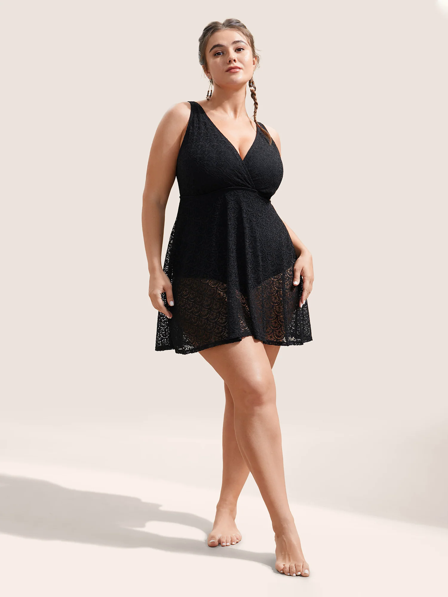 Solid Crochet Lace Mesh Adjustable Straps Swim Dress Solid Crochet Lace Mesh Adjustable Straps Swim Dress