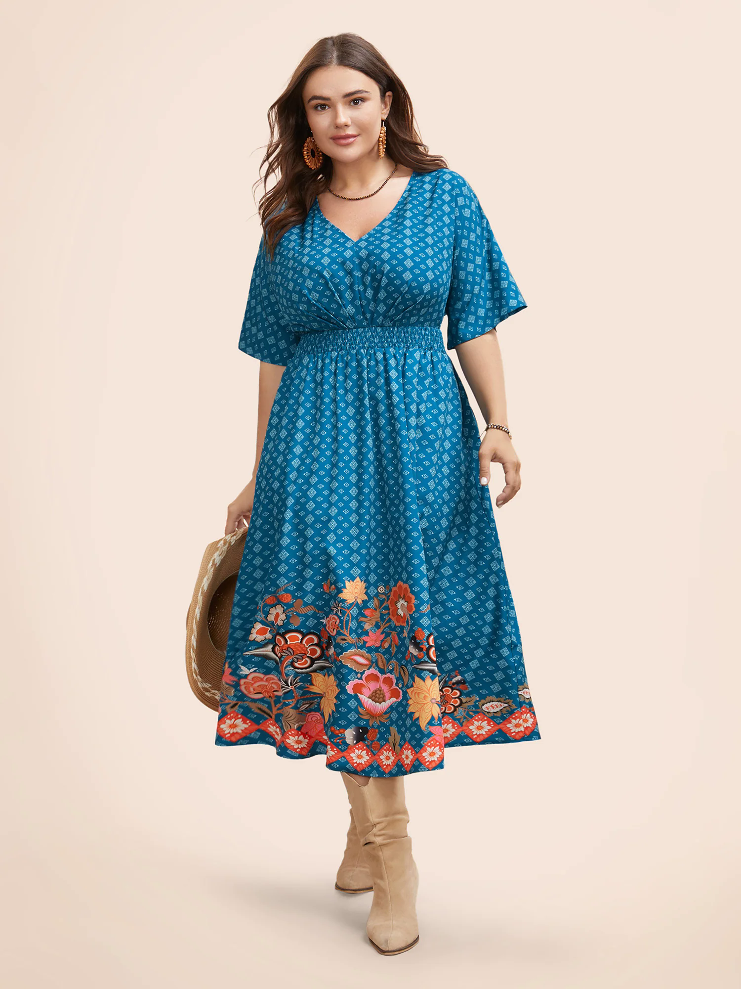Boho Print Shirred Pleated Dolman Sleeve Dress