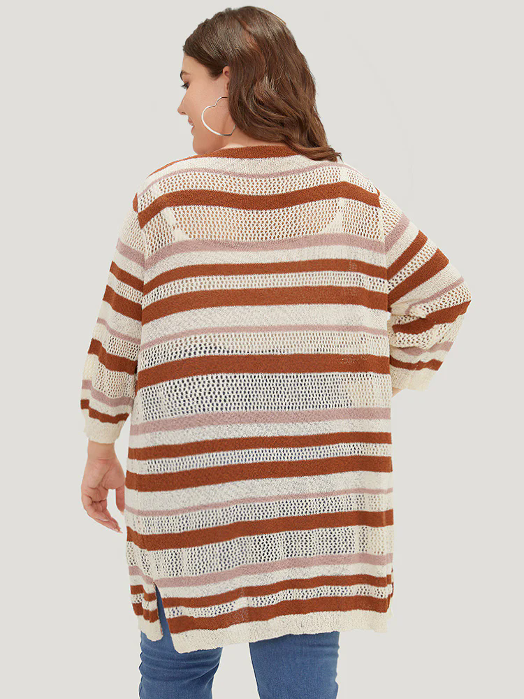 Striped Hollow Out Open Front Split Hem Cardigan Striped Hollow Out Open Front Split Hem Cardigan