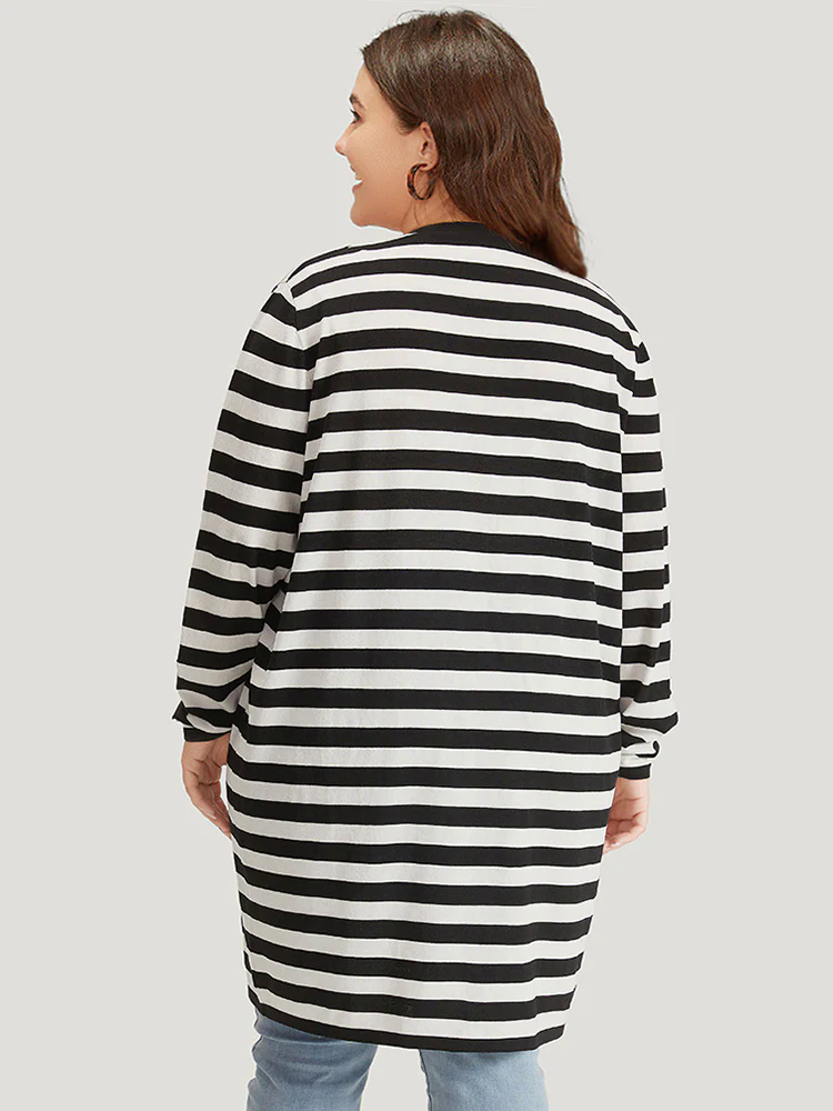 Striped Open Front Drop Shoulder Tunic Cardigan Striped Open Front Drop Shoulder Tunic Cardigan
