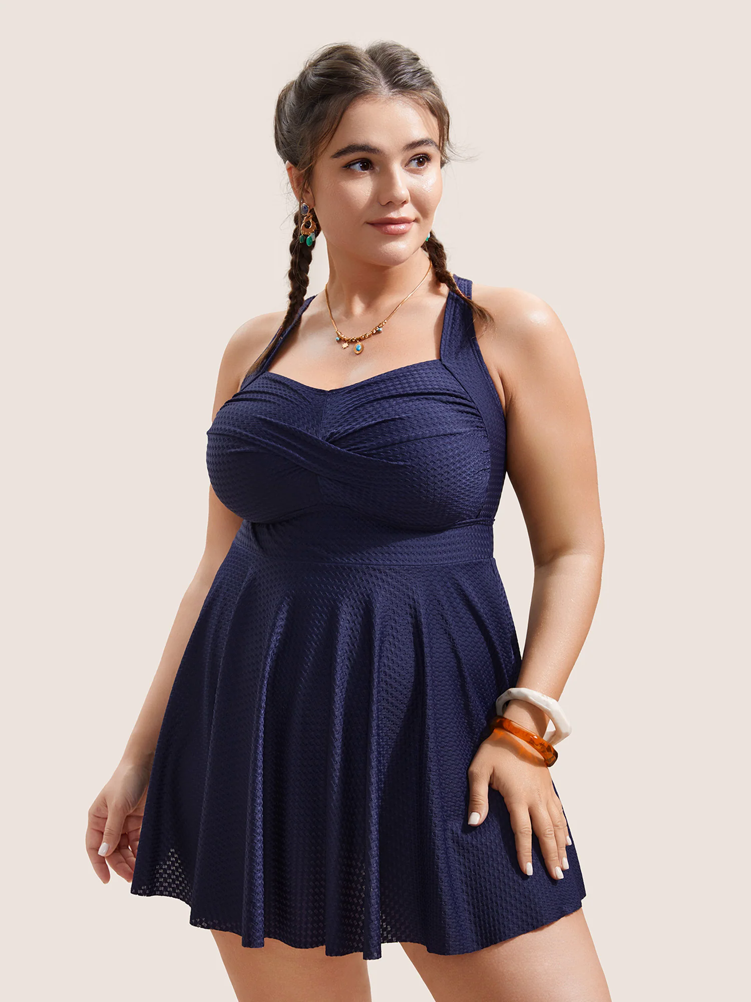 Plain Textured Crossover Bodycon Swim Dress Plain Textured Crossover Bodycon Swim Dress