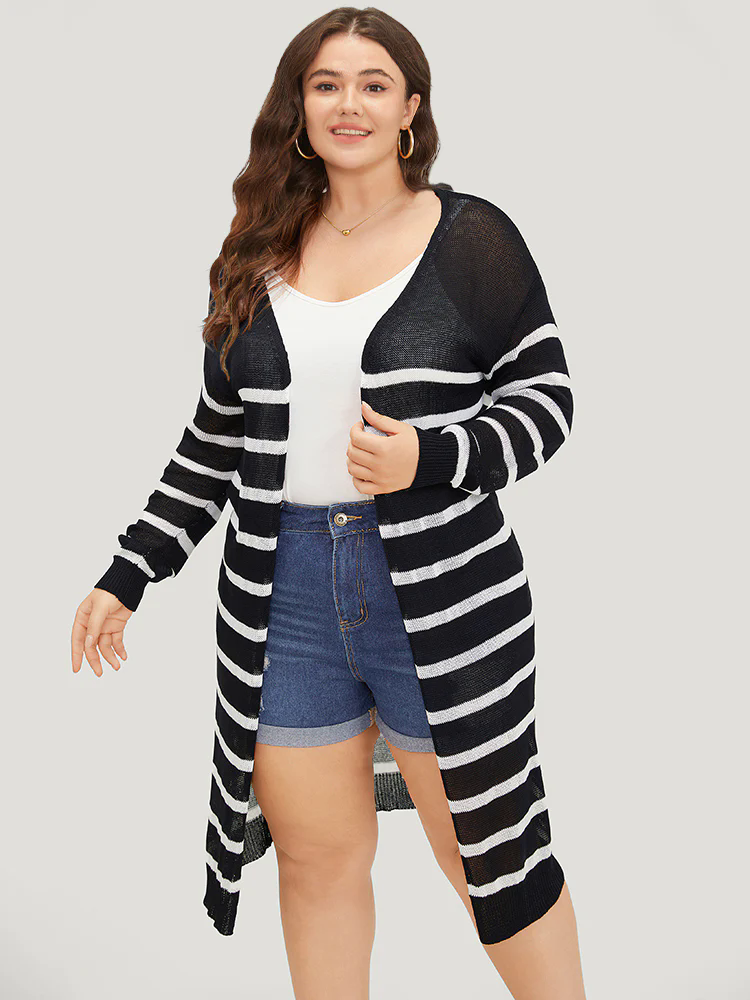 Striped Open Front Elastic Cuffs Drop Shoulder Cardigan Striped Open Front Elastic Cuffs Drop Shoulder Cardigan