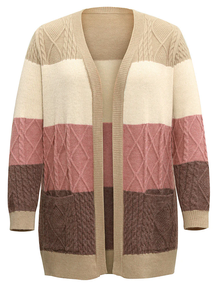 Anti-Pilling Cable Knit Colorblock Patched Pocket Cardigan Anti-Pilling Cable Knit Colorblock Patched Pocket Cardigan
