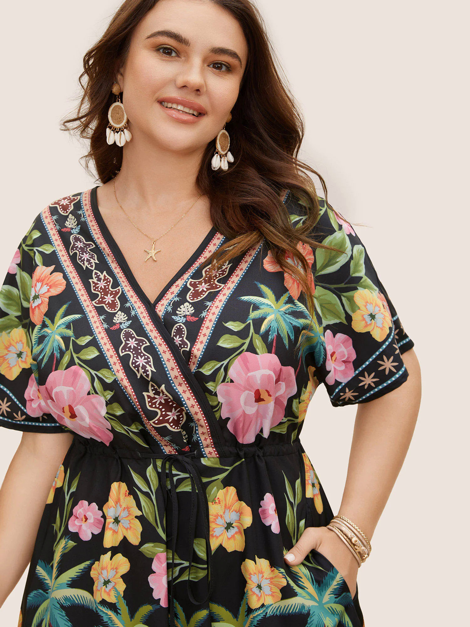 Boho Print Overlap Collar Drawstring Dress Boho Print Overlap Collar Drawstring Dress