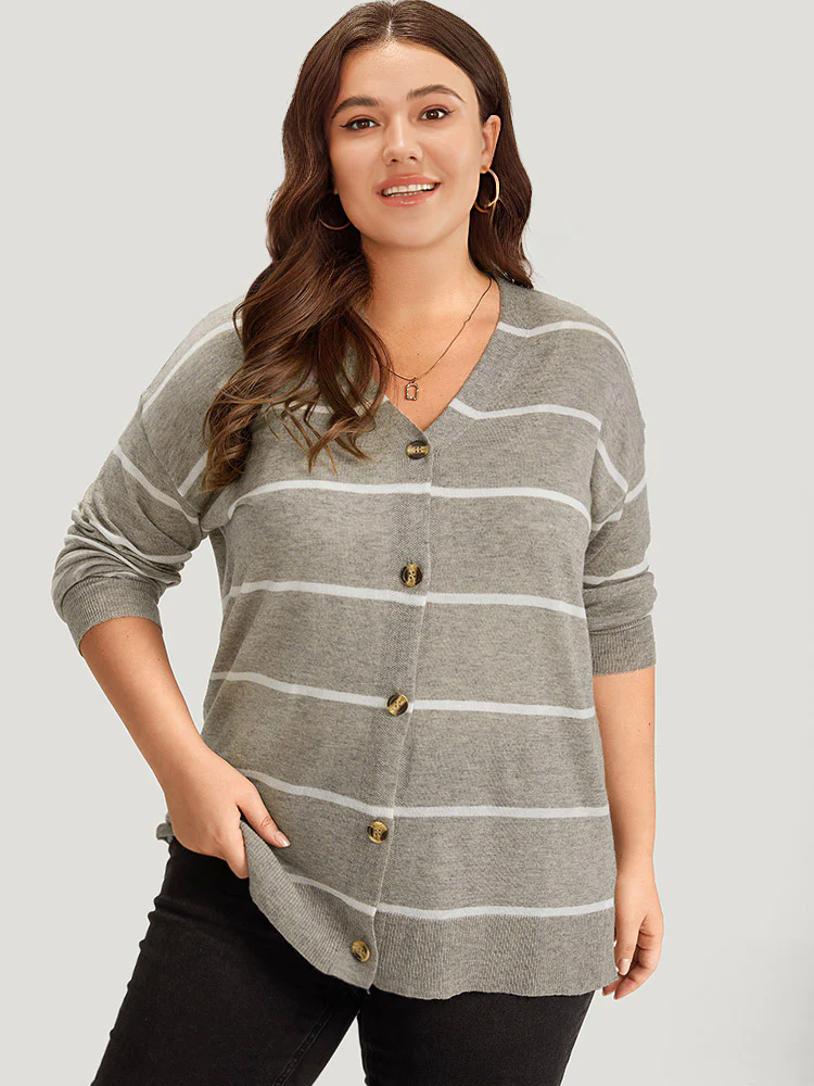 Supersoft Essentials Striped Button Through Elastic Cuffs Cardigan Supersoft Essentials Striped Button Through Elastic Cuffs Cardigan