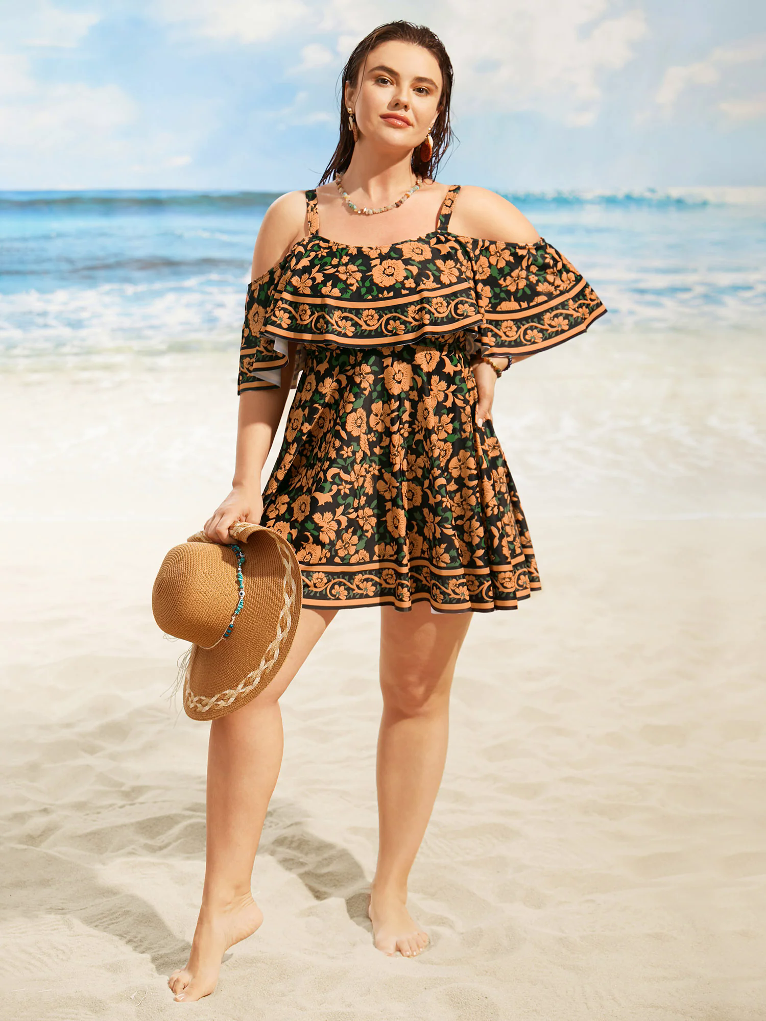 Floral One Shoulder Neck Ruffles Swim Dress Floral One Shoulder Neck Ruffles Swim Dress
